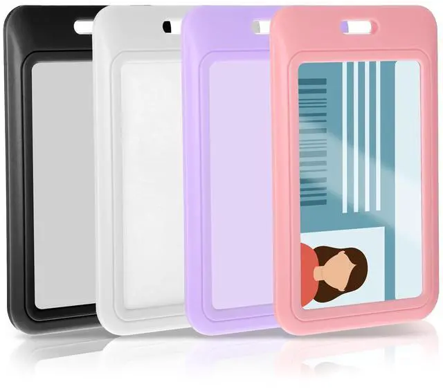 Main image of 4 Pack Sliding ID Badge Holders, Heavy Duty Hard Plastic Vertical Card Protectors with Clear Window, Waterproof Cute ID Card Holders for Lanyard Fits Office, School, Nurses, Teachers (4 Colors)