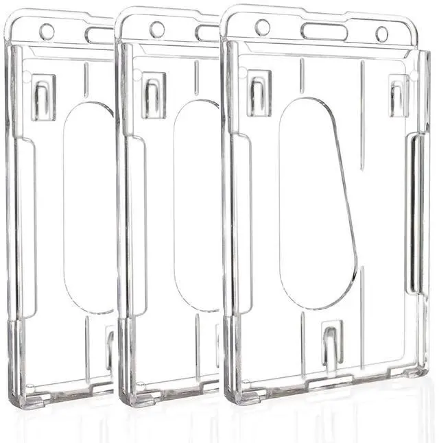 Main image of Hard Plastic Badge Holder, FadyRaye Clear ID Badge Name Card Holder with Easy Access Thumb Slot, Transparent PC Case for Office School IDs, Driver's Licenses and Passes, Vertical Style, 3 Pack