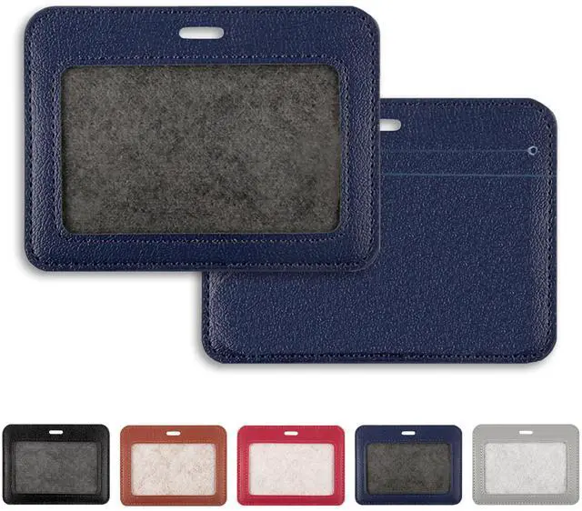 Main image of 2 Pcs Leather ID Badge Holders - Horizontal, Blue, Multiple Card Slots for Offices, Staff, Students, Employees