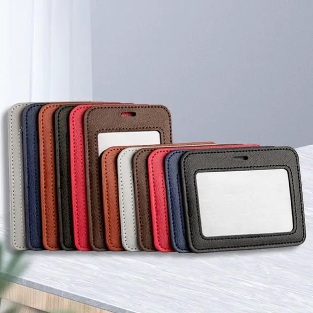 Alt view image 5 of 6 - 2 Pcs Leather ID Badge Holders - Horizontal, Blue, Multiple Card Slots for Offices, Staff, Students, Employees