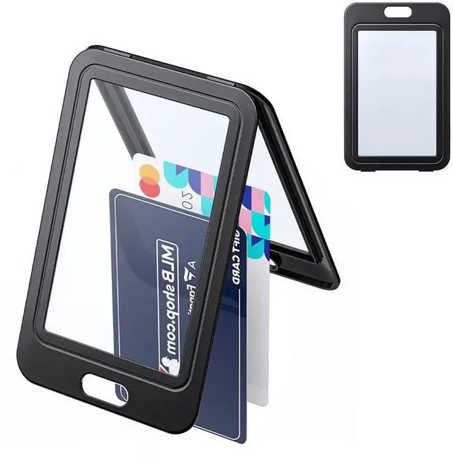 Main image of 1 Pack ID Badge Holder with Double-Sided Windows Vertical Hard Plastic Case Black Card Protector Pouch for Office School ID Credit Cards Proximity Key Cards Drivers Licenses and Passes