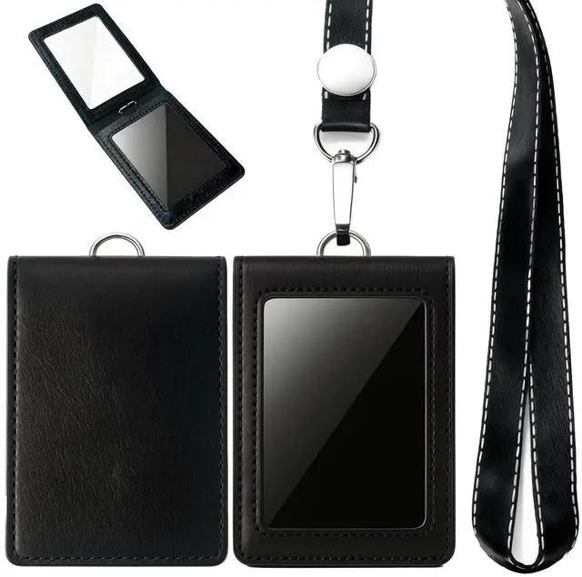 Main image of PU Leather Badge Holder with Lanyard, Flip Cover ID Card Holder with Hook-and-Loop Closure, Two Slots Badge Protector fits for Office, School, Access Card, Includes Nylon Lanyard - Black