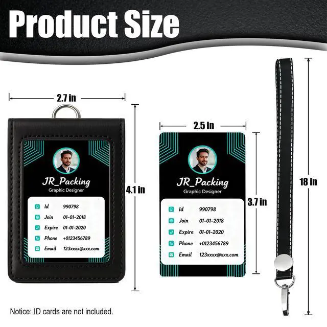 Alt view image 2 of 6 - PU Leather Badge Holder with Lanyard, Flip Cover ID Card Holder with Hook-and-Loop Closure, Two Slots Badge Protector fits for Office, School, Access Card, Includes Nylon Lanyard - Black