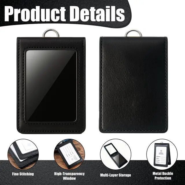 Alt view image 4 of 6 - PU Leather Badge Holder with Lanyard, Flip Cover ID Card Holder with Hook-and-Loop Closure, Two Slots Badge Protector fits for Office, School, Access Card, Includes Nylon Lanyard - Black