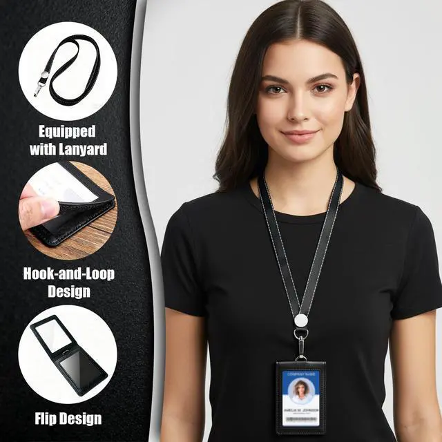 Alt view image 3 of 6 - PU Leather Badge Holder with Lanyard, Flip Cover ID Card Holder with Hook-and-Loop Closure, Two Slots Badge Protector fits for Office, School, Access Card, Includes Nylon Lanyard - Black