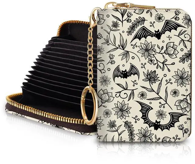 Main image of Goth Bat Credit Card Holder for Women, Gothic Floral Small RFID Wallet with Zipper, Card Keychain Wallet, Leather Wallet Card Case, Business Accordion Wallet Gift