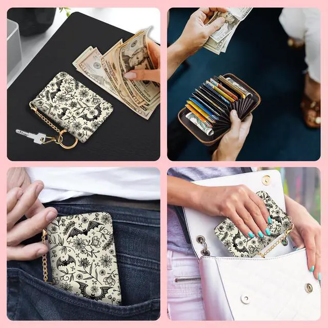 Alt view image 3 of 6 - Goth Bat Credit Card Holder for Women, Gothic Floral Small RFID Wallet with Zipper, Card Keychain Wallet, Leather Wallet Card Case, Business Accordion Wallet Gift