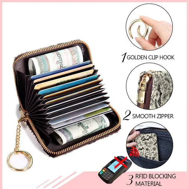 Alt view image 5 of 6 - Goth Bat Credit Card Holder for Women, Gothic Floral Small RFID Wallet with Zipper, Card Keychain Wallet, Leather Wallet Card Case, Business Accordion Wallet Gift