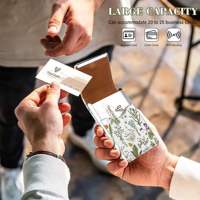 Alt view image 5 of 7 - 2Pack Leather Stainless Steel Business Card Holder, Metal Slim Business Card Case for Women or Men, Pocket Business Card Carrier with Prints, Magnetic Closure, RFID Blocking