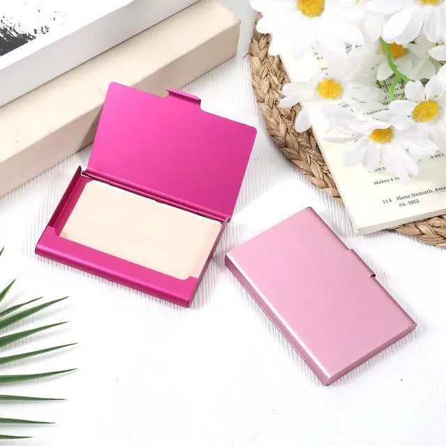 Alt view image 2 of 7 - 2 Pack Business Card Holder Case, Aluminum Alloy Metal Business Card Case, Slim Flip Cover Professional Name Credit Cards Holder Purse Wallet Pocket Accessory for Men and Women (Pink Rose Red)