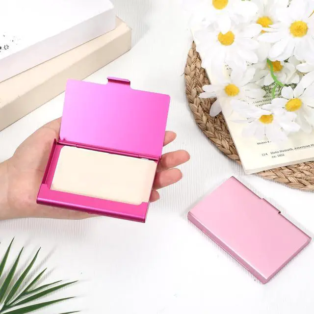 Alt view image 7 of 7 - 2 Pack Business Card Holder Case, Aluminum Alloy Metal Business Card Case, Slim Flip Cover Professional Name Credit Cards Holder Purse Wallet Pocket Accessory for Men and Women (Pink Rose Red)