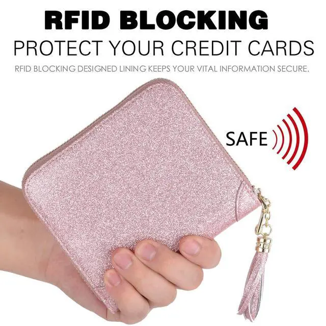 Alt view image 4 of 7 - Womens Credit Card Holder Wallet Zip Leather Card Case RFID Blocking (Glitter Light Purple)