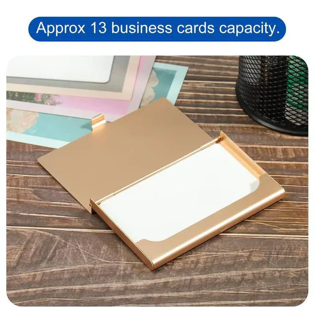 Alt view image 5 of 5 - Business Card Holder, Aluminum Alloy Flip Cover Slim Name Cards Case for Women Men, Champagne Gold