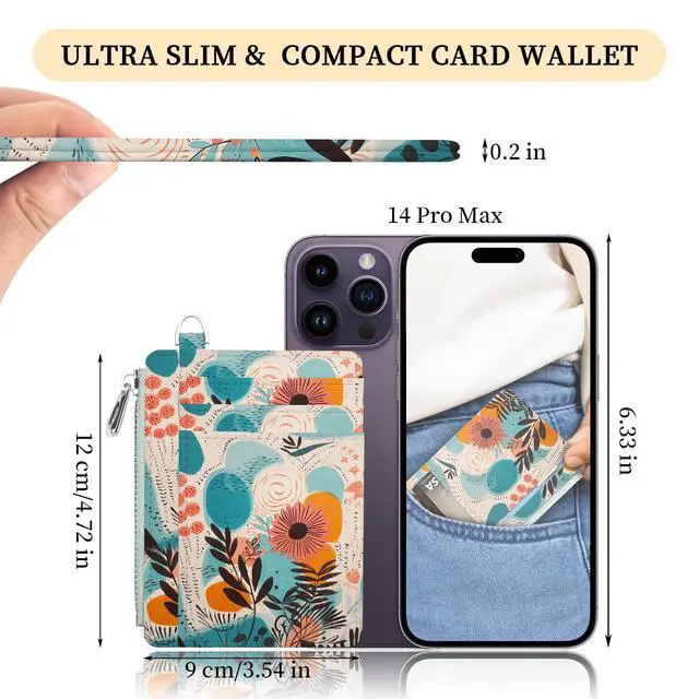 Alt view image 2 of 6 - Slim Wallet Women Credit Card Holder Abstract Flower Floral RFID Small Mini Card Case Front Pocket PU Leather Thin Travel Zipper Coin Cash ID Window Ladies Female Wallet Gifts
