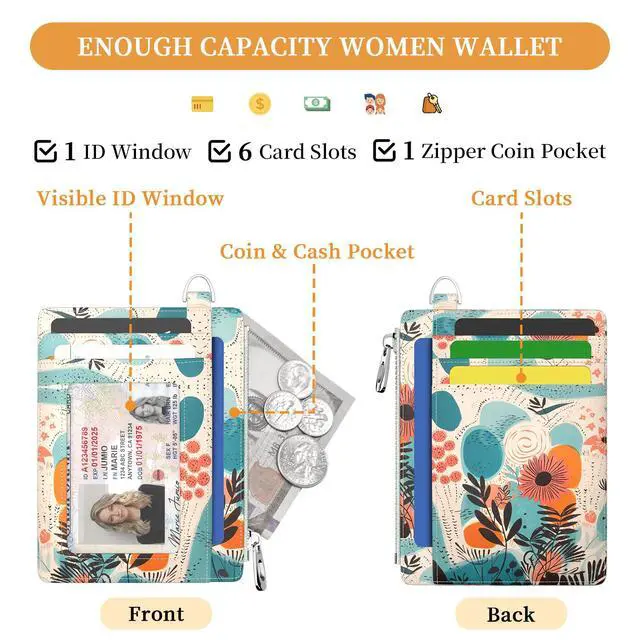 Alt view image 5 of 6 - Slim Wallet Women Credit Card Holder Abstract Flower Floral RFID Small Mini Card Case Front Pocket PU Leather Thin Travel Zipper Coin Cash ID Window Ladies Female Wallet Gifts