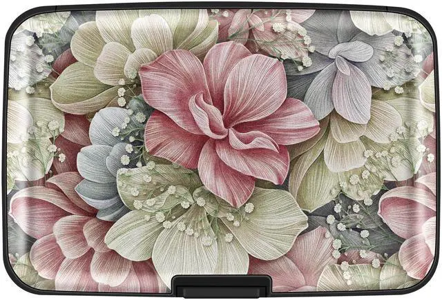 Main image of Credit Card Holder for Women, RFID Blocking, Happy Flower Aluminum Alloy Hard Case, Small Mini Business Metal Wallet for Men