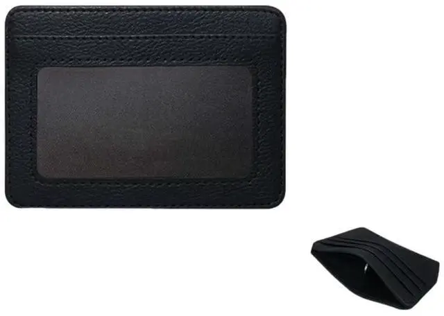 Main image of Slim Card Holder Wallet, Black faux crocodile leather, Multiple Card Slots with ID Window, Minimalist Design (Black)