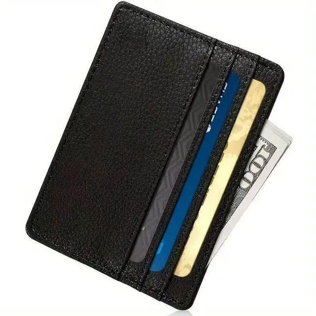 Alt view image 2 of 5 - Slim Card Holder Wallet, Black faux crocodile leather, Multiple Card Slots with ID Window, Minimalist Design (Black)