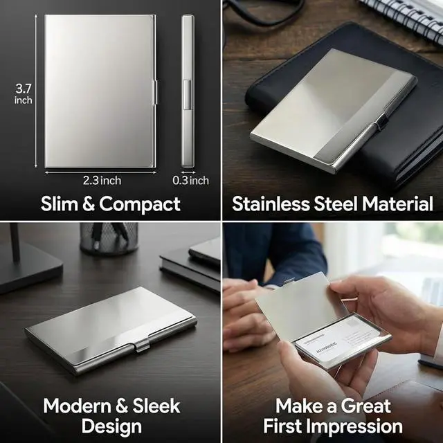 Alt view image 2 of 7 - Business Card Holder, for Men and Women, Slim Minimalist Design Case, Stainless Steel Metal, Fits 18 Business Cards in Pocket