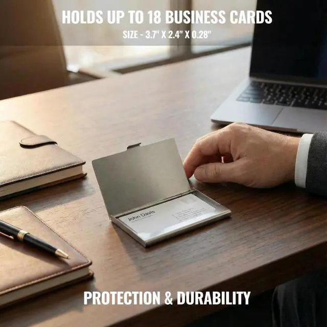 Alt view image 3 of 7 - Business Card Holder, for Men and Women, Slim Minimalist Design Case, Stainless Steel Metal, Fits 18 Business Cards in Pocket