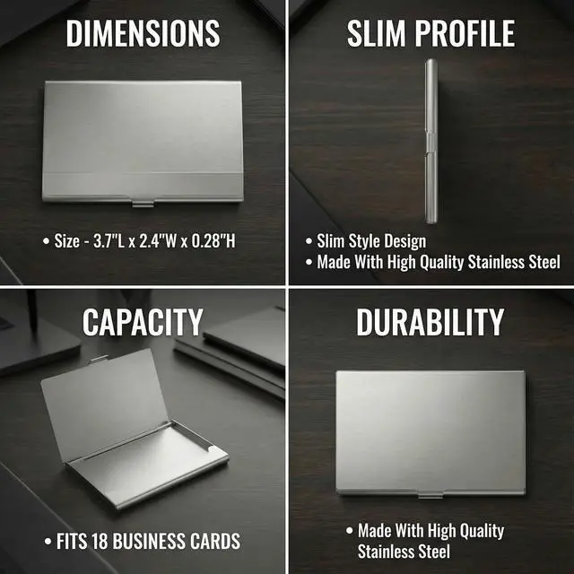 Alt view image 4 of 7 - Business Card Holder, for Men and Women, Slim Minimalist Design Case, Stainless Steel Metal, Fits 18 Business Cards in Pocket