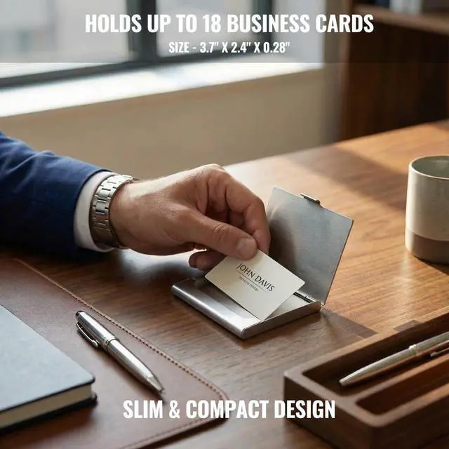 Alt view image 6 of 7 - Business Card Holder, for Men and Women, Slim Minimalist Design Case, Stainless Steel Metal, Fits 18 Business Cards in Pocket