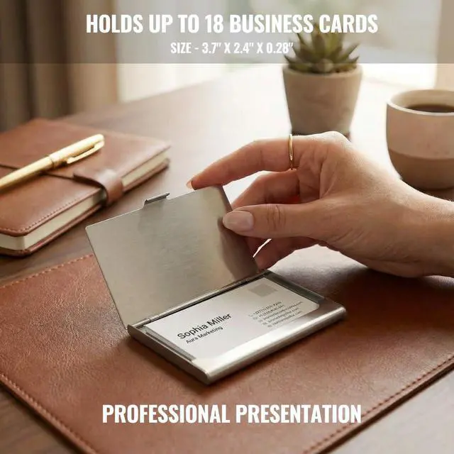 Alt view image 7 of 7 - Business Card Holder, for Men and Women, Slim Minimalist Design Case, Stainless Steel Metal, Fits 18 Business Cards in Pocket
