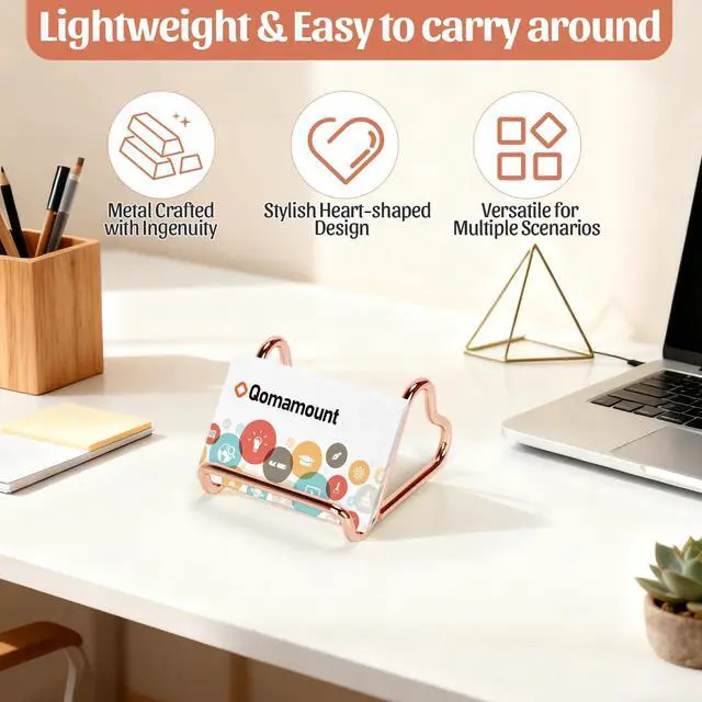 Alt view image 2 of 7 - Business Card Holder,Cute Heart-Shaped Metal Card Display Stand,Vertical Desktop Name Card Organizer,Small Phone Stand & Photo Holder for Office,Wedding,Reception,Exhibition(Rose gold)