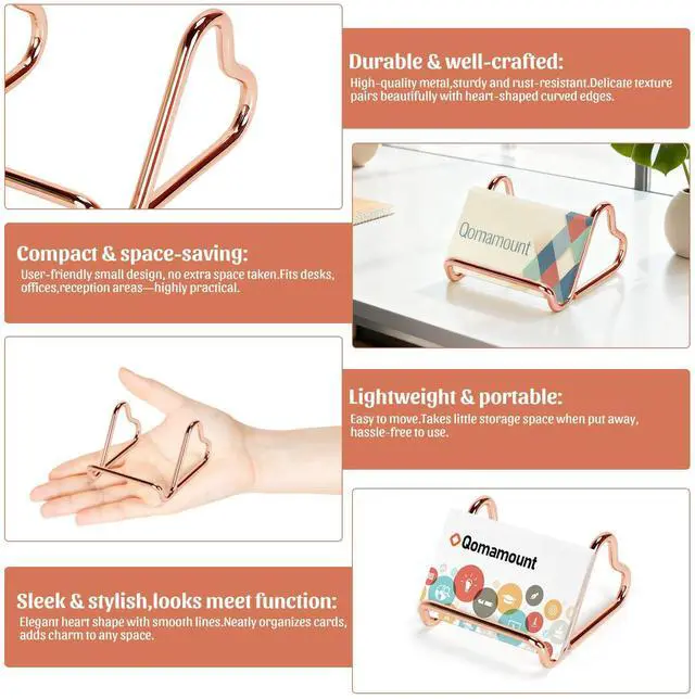 Alt view image 5 of 7 - Business Card Holder,Cute Heart-Shaped Metal Card Display Stand,Vertical Desktop Name Card Organizer,Small Phone Stand & Photo Holder for Office,Wedding,Reception,Exhibition(Rose gold)