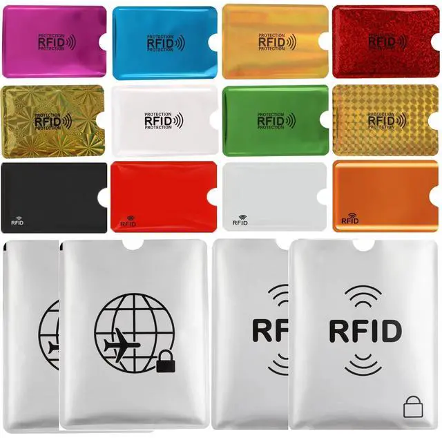Main image of 16 RFID Blocking Sleeves Set (12 Colorful Credit Card Protector RFID Blocking Sleeve & 4 RFID Passport Holder). Effectively Protect Your Credit, Debit, and ID Cards From Electronic Theft.