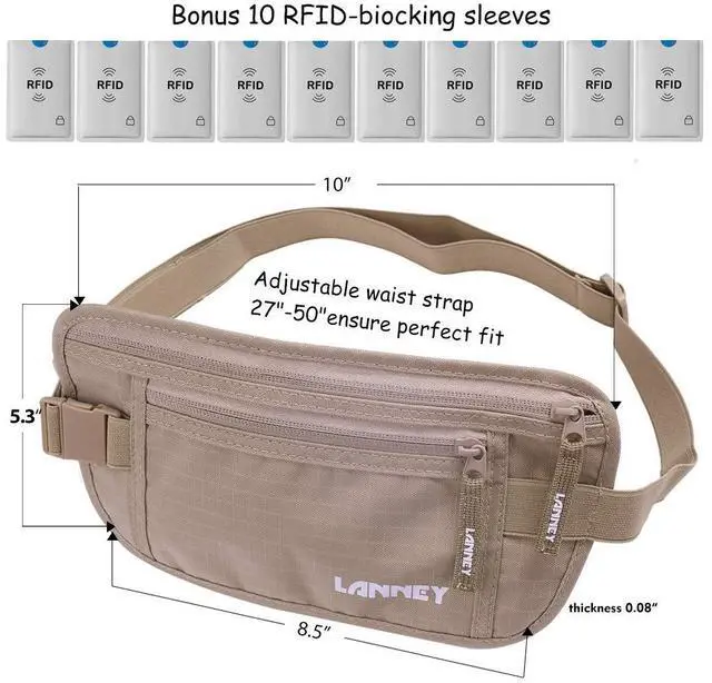 Alt view image 6 of 7 - Money Belt for Travel, Slim RFID Blocking Women and Men Hidden Travel Pouch Under Clothes, Passport Holder Protect Cash Credit Card with 10 RFID Sleeves