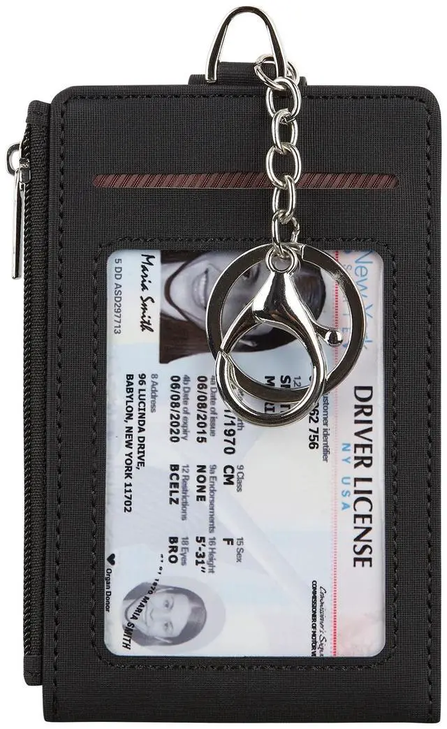 Main image of Women & Men Keychain Card Holder Case Zipper Slim Minimalist Front Pocket Wallet with 2 ID Window, Black