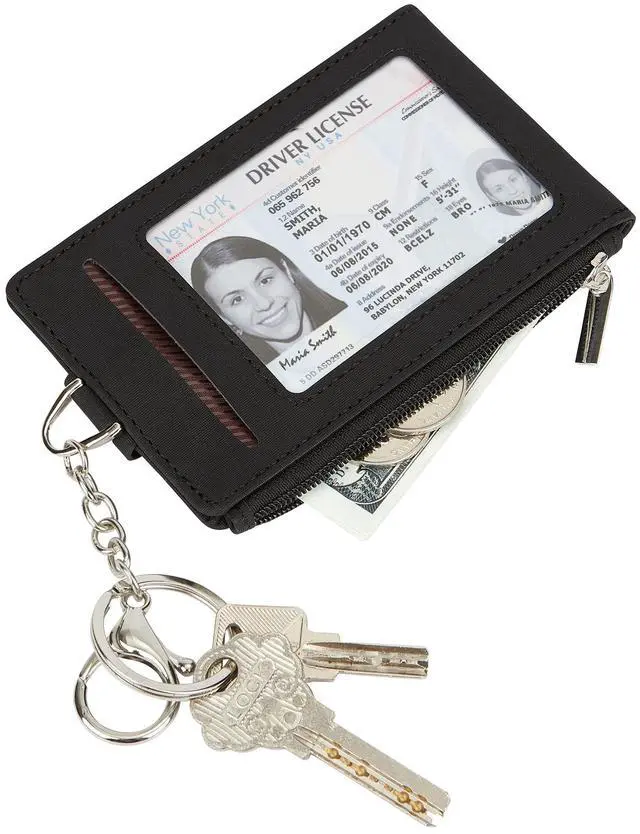 Alt view image 3 of 5 - Women & Men Keychain Card Holder Case Zipper Slim Minimalist Front Pocket Wallet with 2 ID Window, Black