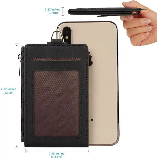 Alt view image 5 of 5 - Women & Men Keychain Card Holder Case Zipper Slim Minimalist Front Pocket Wallet with 2 ID Window, Black