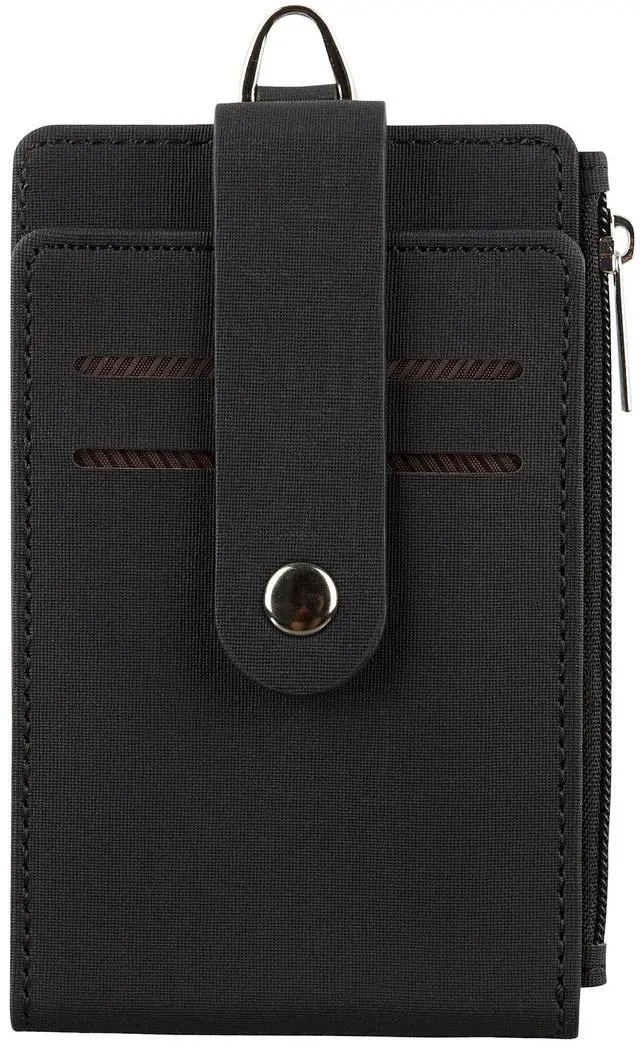 Alt view image 2 of 5 - Women & Men Keychain Card Holder Case Zipper Slim Minimalist Front Pocket Wallet with 2 ID Window, Black