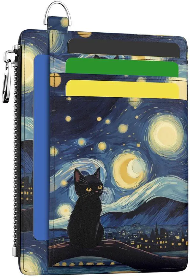 Main image of Slim Wallet Women Credit Card Holder Black Cat Starry Night RFID Small Mini Card Case Front Pocket PU Leather Thin Travel Zipper Coin Cash ID Window Girls Wallet Gifts