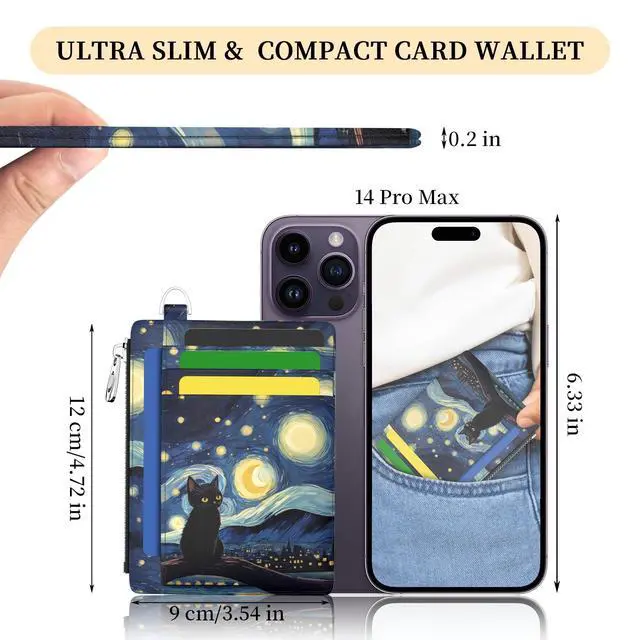 Alt view image 2 of 7 - Slim Wallet Women Credit Card Holder Black Cat Starry Night RFID Small Mini Card Case Front Pocket PU Leather Thin Travel Zipper Coin Cash ID Window Girls Wallet Gifts