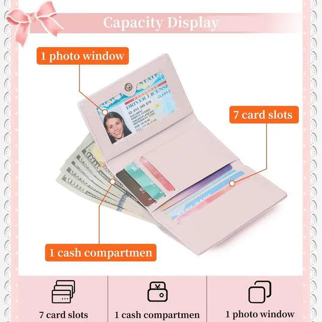 Alt view image 3 of 7 - Small Wallets Girls Cute Coquette Bow Wallet Women Aesthetic Credit Card Holder with ID Window, Pink