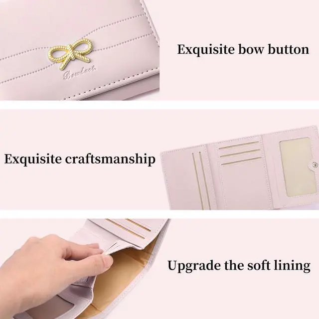 Alt view image 6 of 7 - Small Wallets Girls Cute Coquette Bow Wallet Women Aesthetic Credit Card Holder with ID Window, Pink