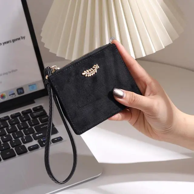 Alt view image 2 of 7 - Slim RFID Blocking Card Holder with Wrist Strap - Faux Suede Fabric& PU Leather Credit Card Wallet,4 Slots with Zipper Pocket, Compact Lightweight for Travel & Daily Use(Black-S)