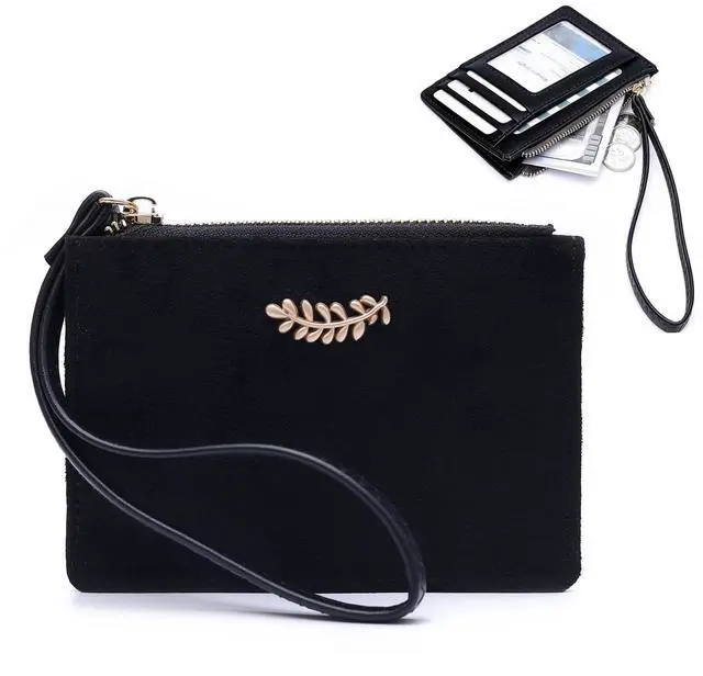 Main image of Slim RFID Blocking Card Holder with Wrist Strap - Faux Suede Fabric& PU Leather Credit Card Wallet,4 Slots with Zipper Pocket, Compact Lightweight for Travel & Daily Use(Black-S)