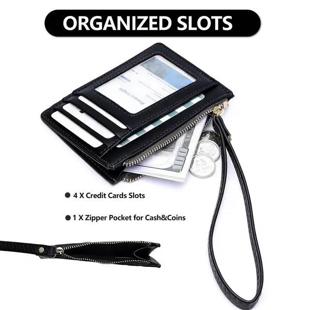 Alt view image 4 of 7 - Slim RFID Blocking Card Holder with Wrist Strap - Faux Suede Fabric& PU Leather Credit Card Wallet,4 Slots with Zipper Pocket, Compact Lightweight for Travel & Daily Use(Black-S)