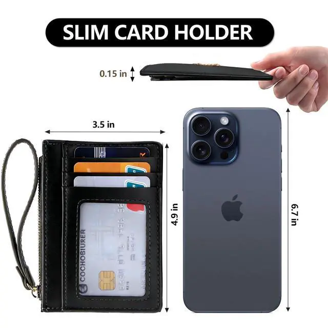 Alt view image 3 of 7 - Slim RFID Blocking Card Holder with Wrist Strap - Faux Suede Fabric& PU Leather Credit Card Wallet,4 Slots with Zipper Pocket, Compact Lightweight for Travel & Daily Use(Black-S)