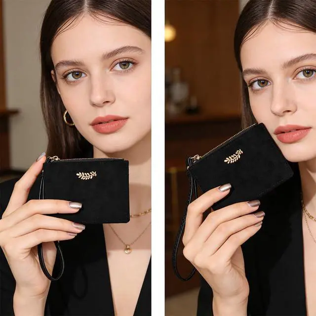 Alt view image 6 of 7 - Slim RFID Blocking Card Holder with Wrist Strap - Faux Suede Fabric& PU Leather Credit Card Wallet,4 Slots with Zipper Pocket, Compact Lightweight for Travel & Daily Use(Black-S)