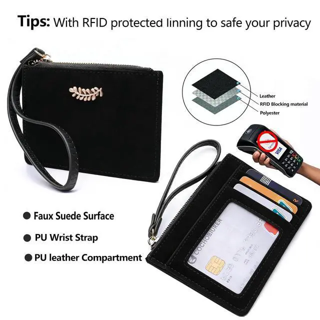 Alt view image 5 of 7 - Slim RFID Blocking Card Holder with Wrist Strap - Faux Suede Fabric& PU Leather Credit Card Wallet,4 Slots with Zipper Pocket, Compact Lightweight for Travel & Daily Use(Black-S)