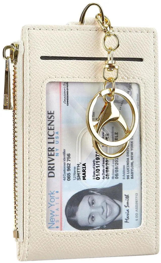Main image of Women Leather RFID Blocking Card Holder Slim Small Zipper Keychain Front Pocket Wallet with 2 ID Window, beige