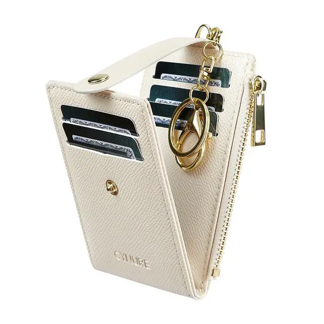 Alt view image 3 of 7 - Women Leather RFID Blocking Card Holder Slim Small Zipper Keychain Front Pocket Wallet with 2 ID Window, beige