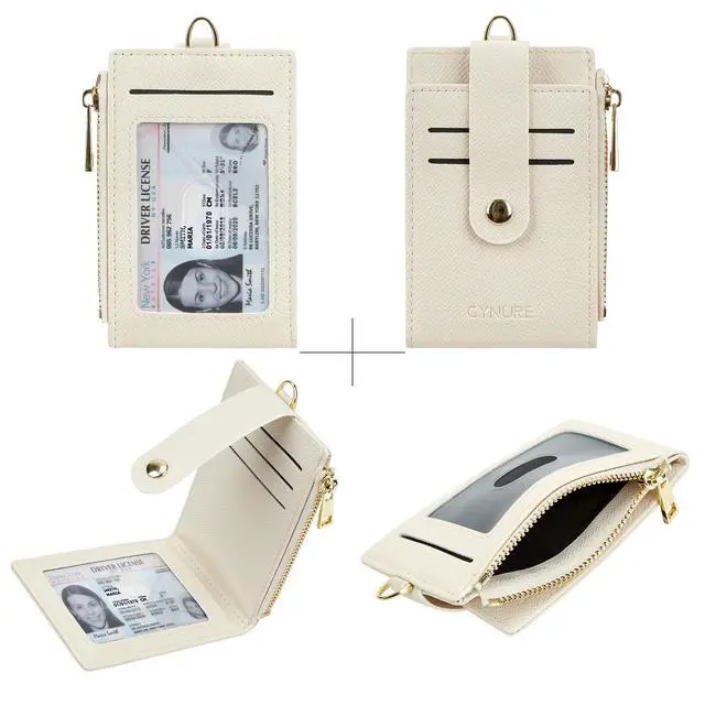 Alt view image 2 of 7 - Women Leather RFID Blocking Card Holder Slim Small Zipper Keychain Front Pocket Wallet with 2 ID Window, beige