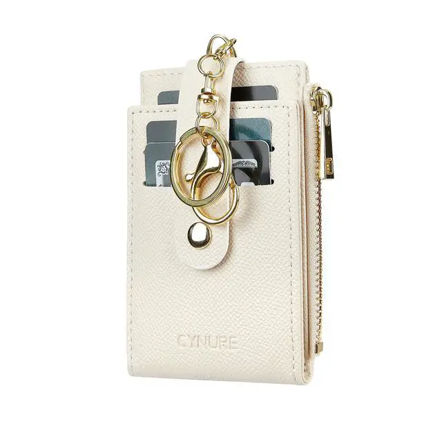 Alt view image 4 of 7 - Women Leather RFID Blocking Card Holder Slim Small Zipper Keychain Front Pocket Wallet with 2 ID Window, beige