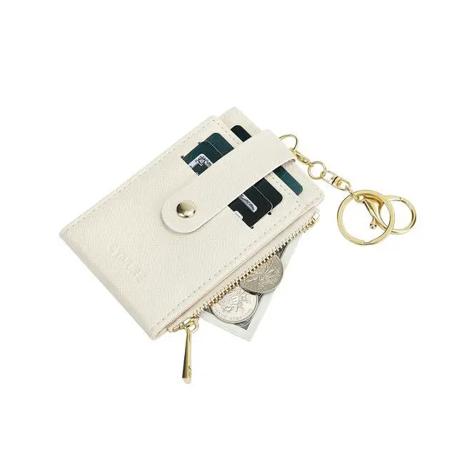 Alt view image 5 of 7 - Women Leather RFID Blocking Card Holder Slim Small Zipper Keychain Front Pocket Wallet with 2 ID Window, beige